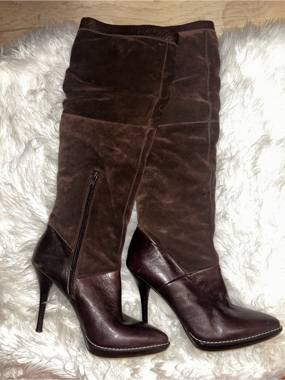 Nine West Dark Brown Suede and Leather Over-the-Knee Heeled Boots